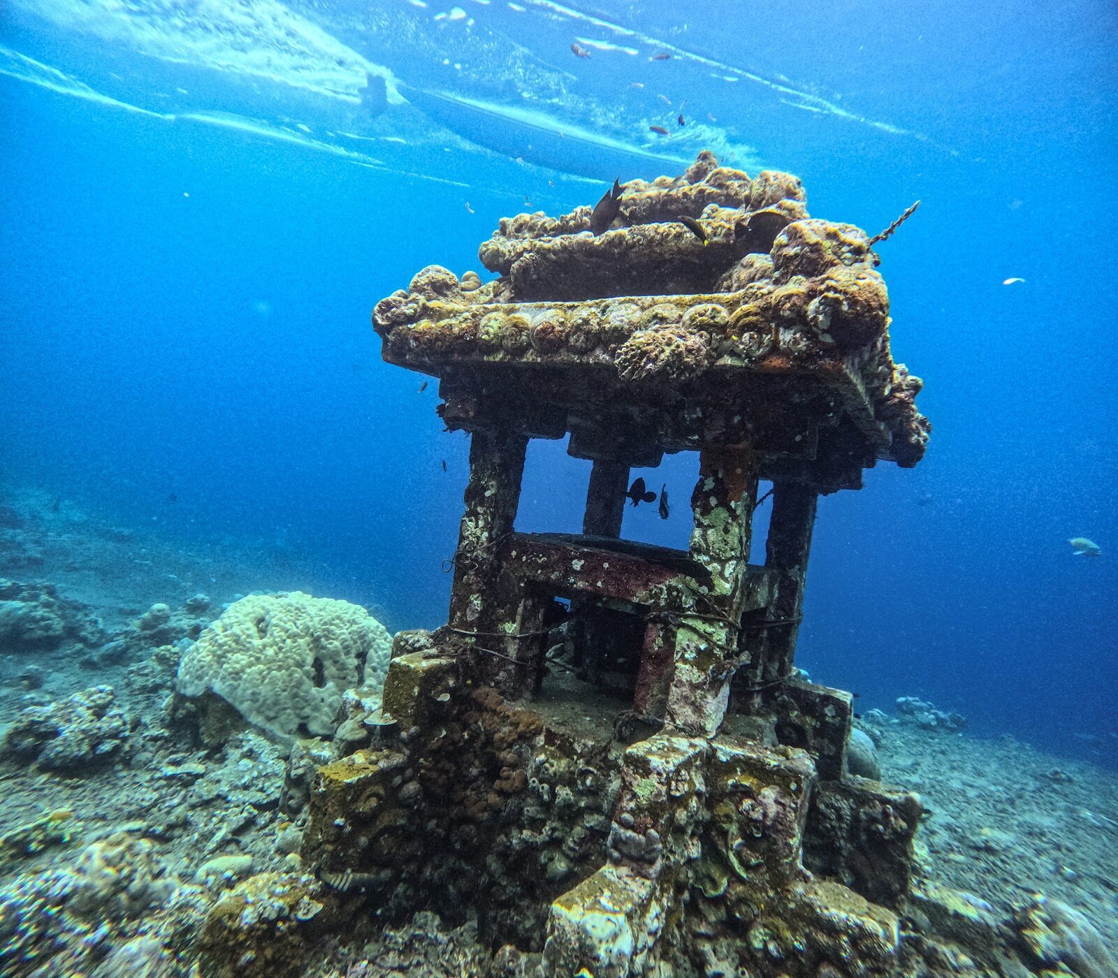 The coral-covered submerged temple off Jemeluk — a small cluster of sunken statues you can reach without a boat.