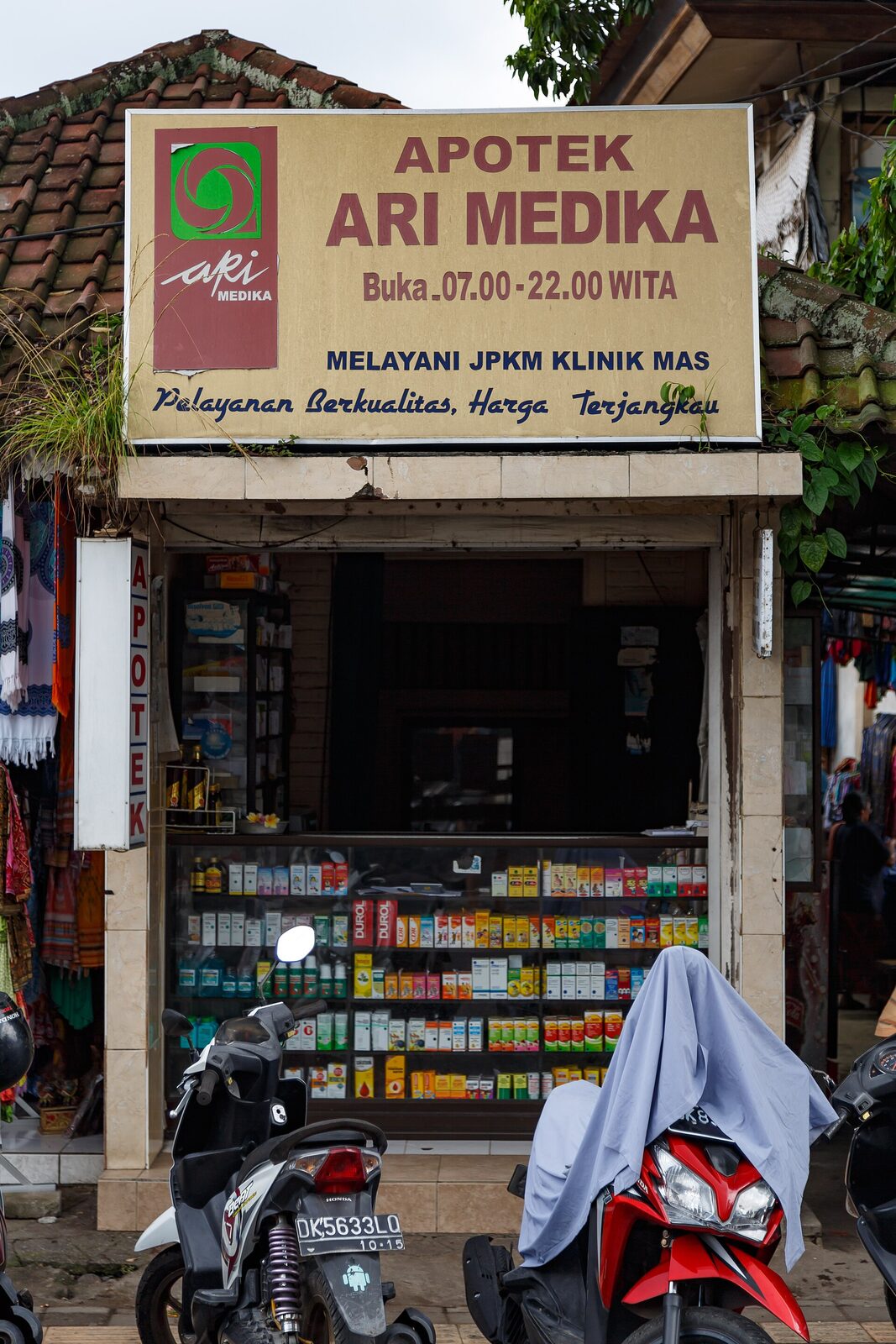 An 'Apotek' shopfront in Bali — the sign to look for; pharmacies are everywhere and cheap.