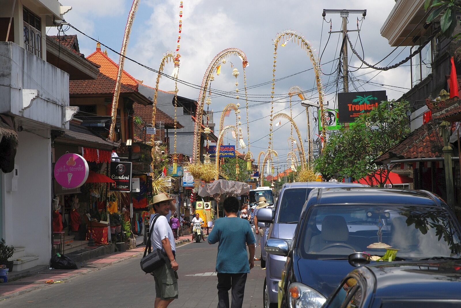 A street lined end to end with penjor for the Galungan season, one of Bali's loveliest everyday sights.