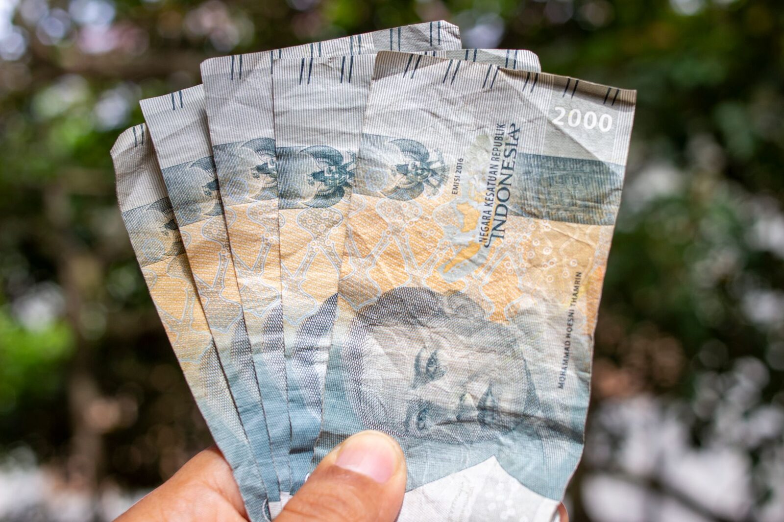 A fan of rupiah counted out. The classic move is the 'let me just recount that' — the moment the stack goes back across the counter is the moment to pick it up and leave.