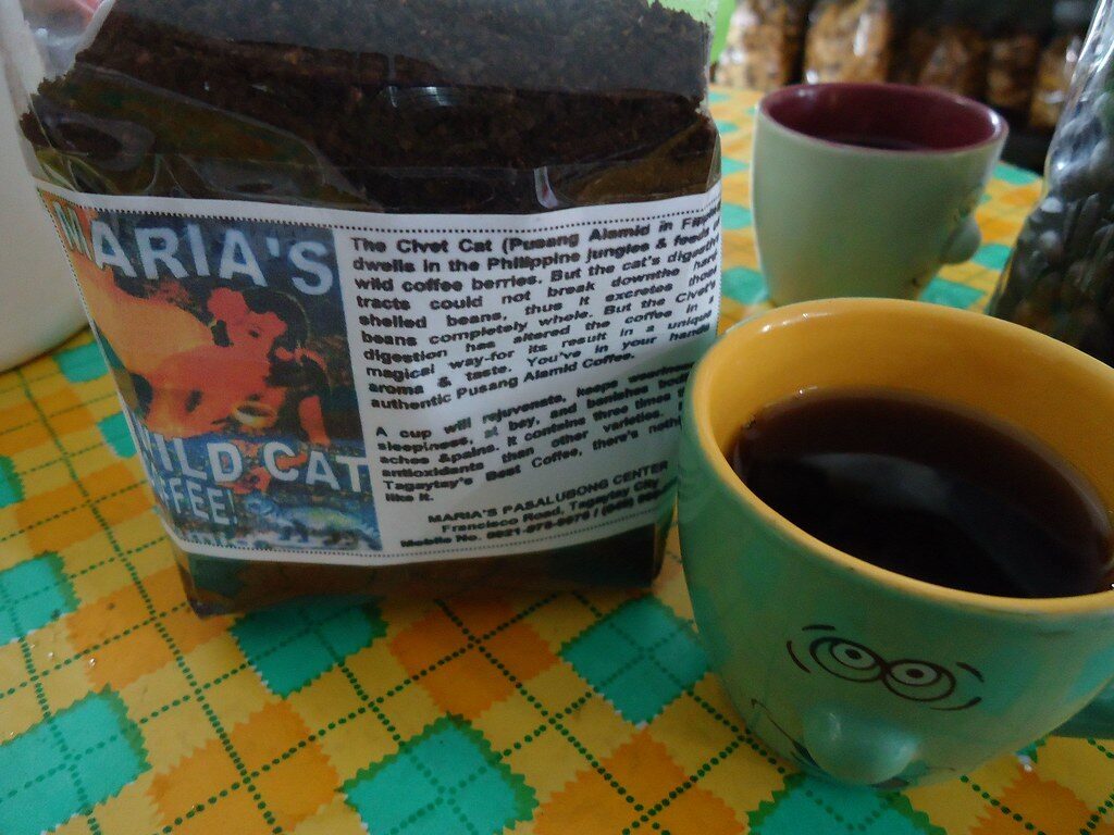 A jar of branded 'wild cat' civet coffee beside a cup — the mediocre, overpriced product.