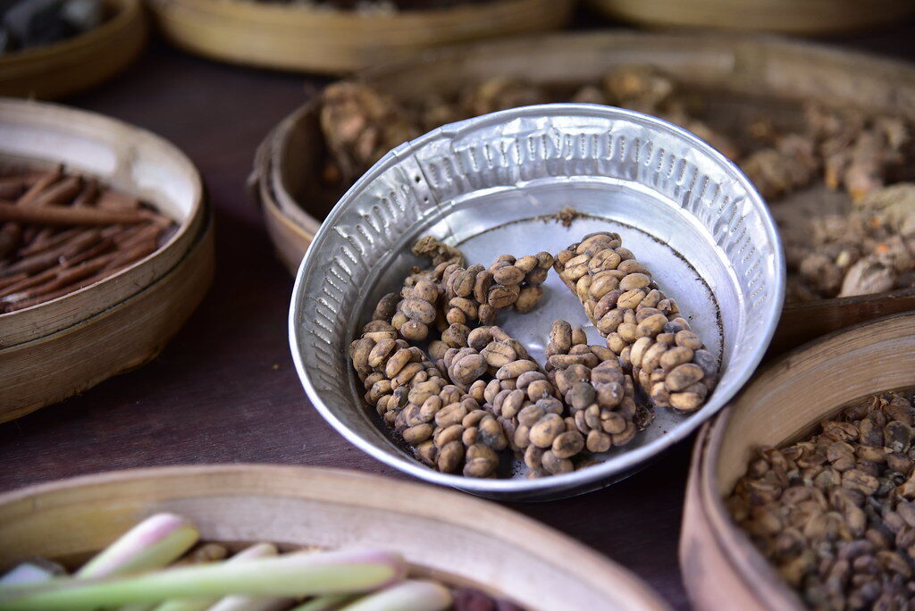 A bowl of luwak coffee beans on a plantation tasting table.