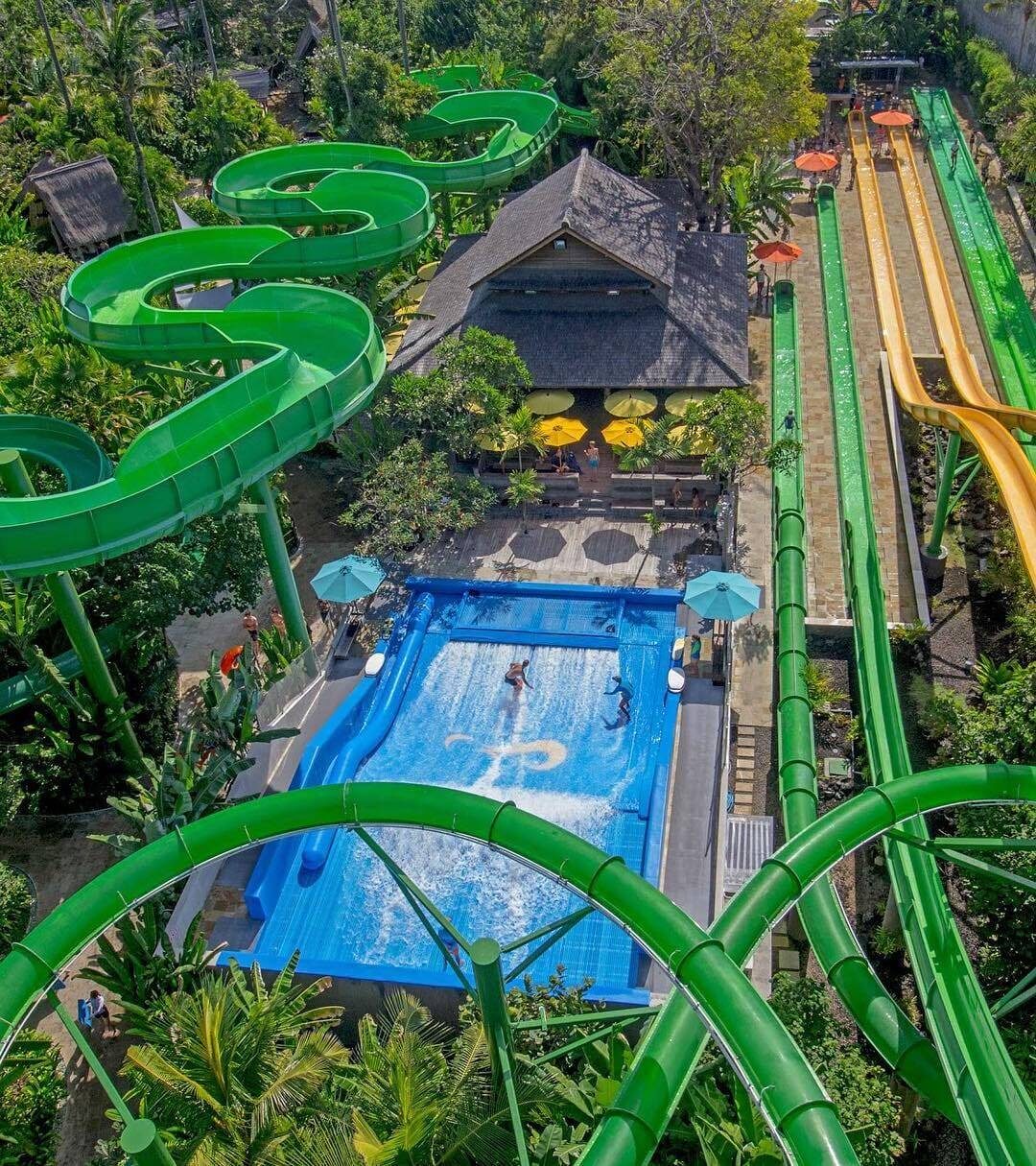 The green slides at Waterbom in Kuta — a genuinely world-class water park, worth the day even from across the island.