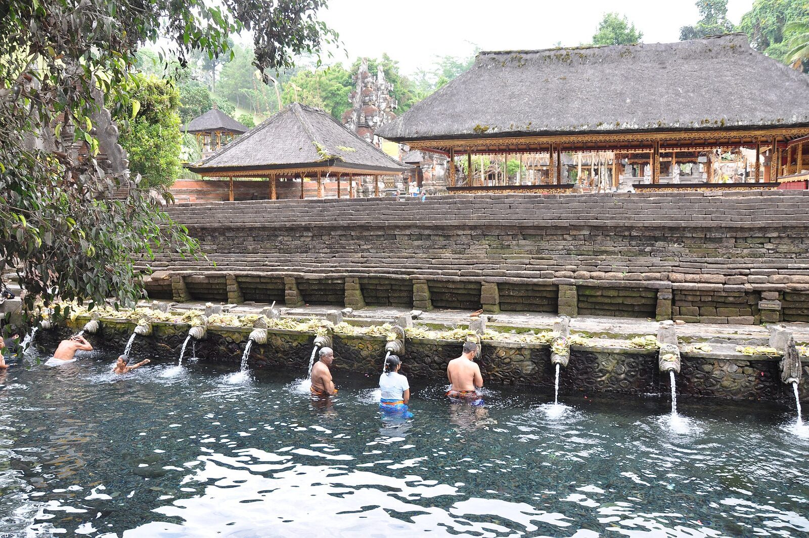 The long purification pool fed by a line of spouts — melukat is done in the open, together, in full view.