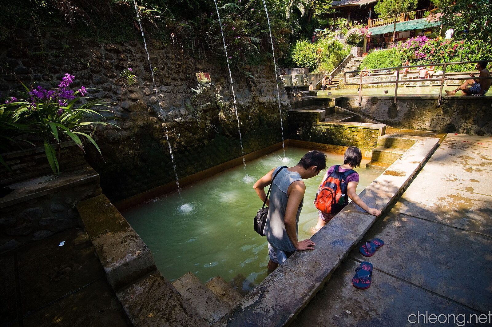 The top pool where the water arrives from the spouts.