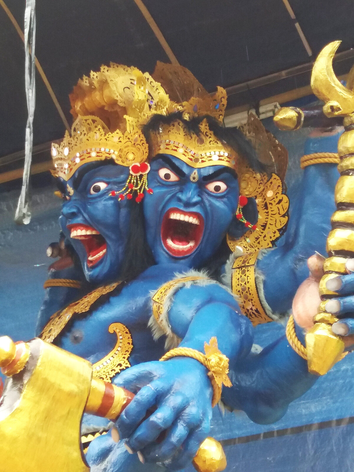 An ogoh-ogoh — a towering demon effigy each village builds for the night before Nyepi, then parades to drive out evil spirits.