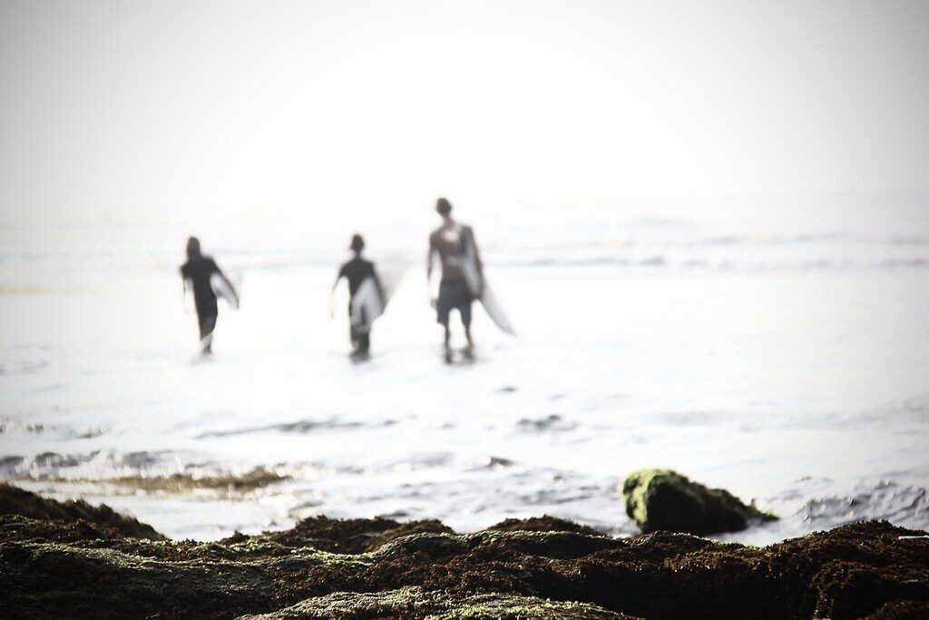 Surfers wading out at first light — the Bukit's reef breaks are world-class and unforgiving.