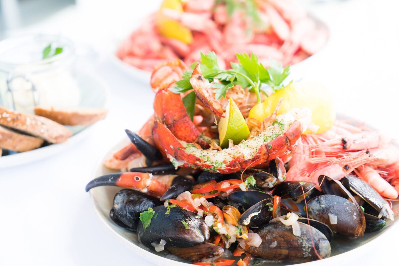 A mixed seafood platter — prawns, mussels and lobster.