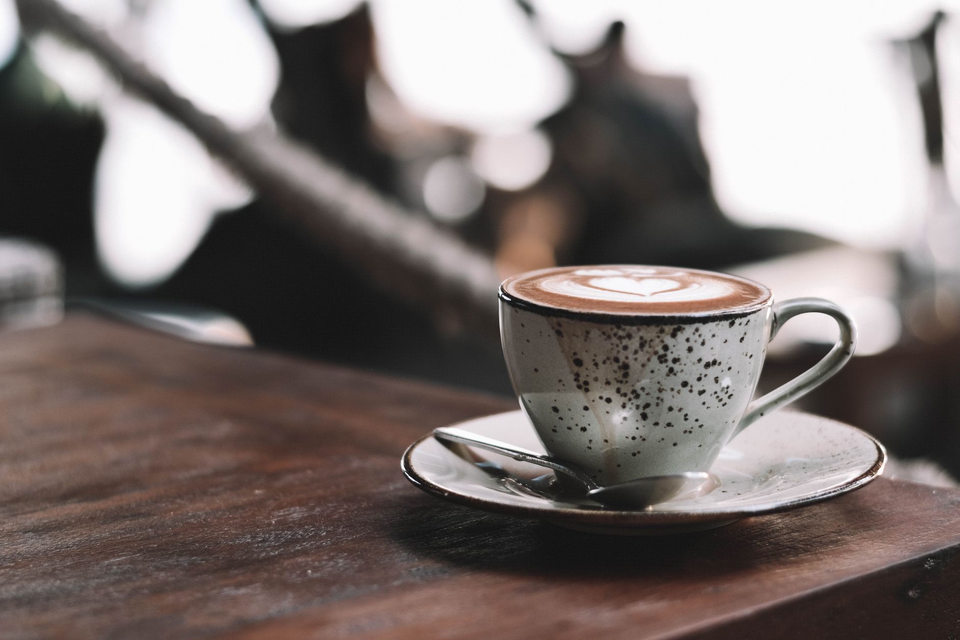 A latte with leaf art in a speckled cup