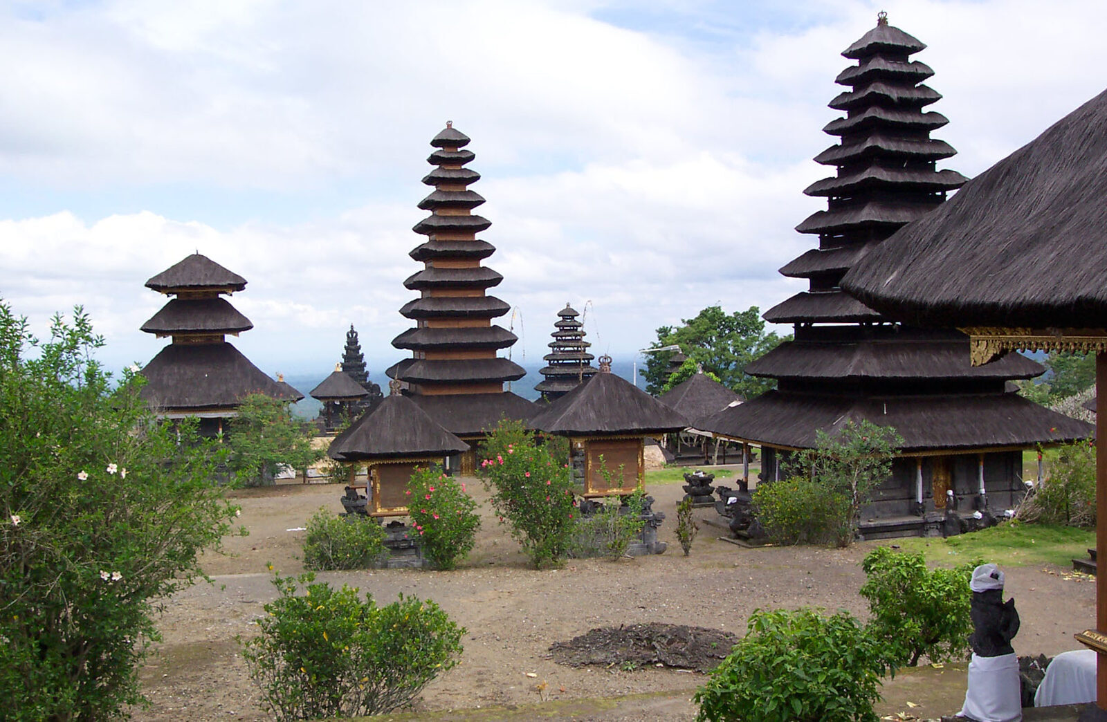 Meru and thatched pavilions in one of the temple courtyards.
