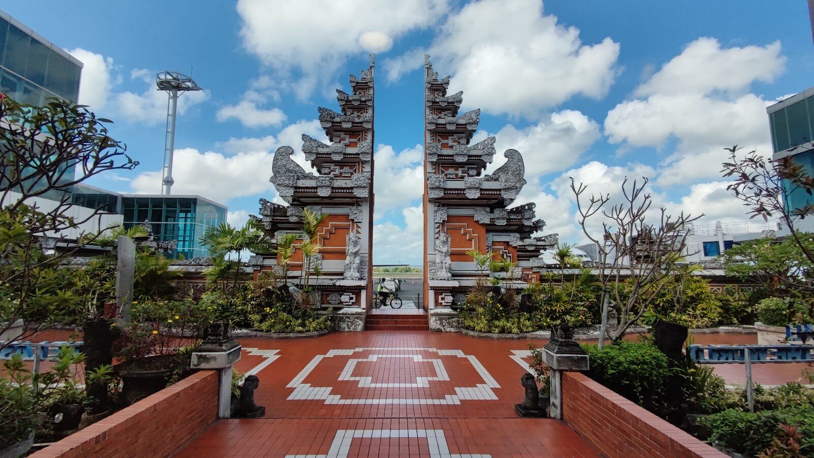 The temple-styled airport entrance plaza at DPS.