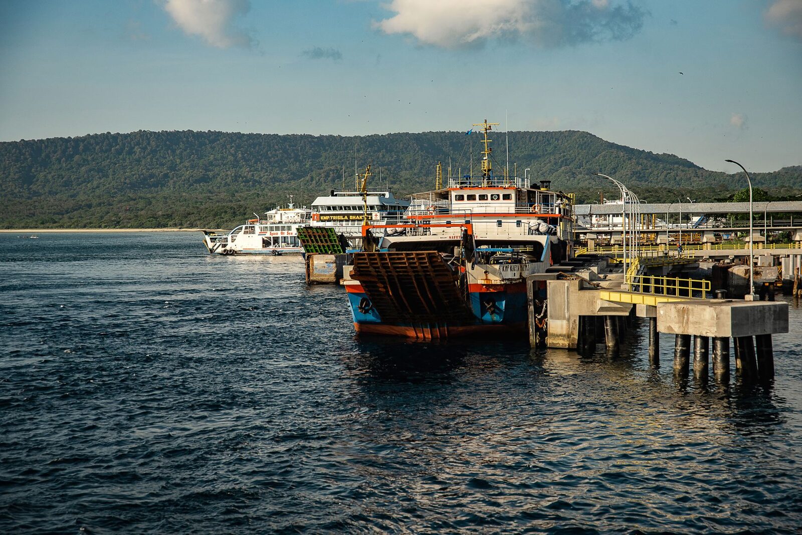 A bigger boat at the pier at Padang Bai — the longer, rougher run east to Lombok and the Gilis.