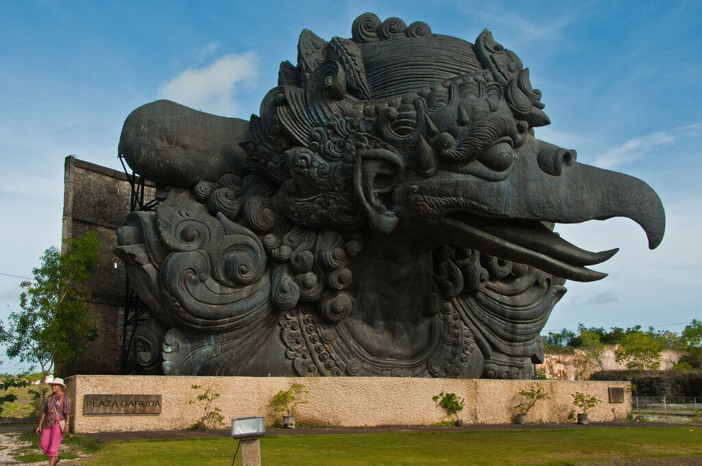 The colossal head of the Garuda — the mythical eagle steed — sculpted in intricate detail.