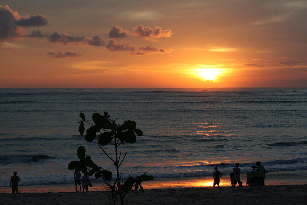 Sunset over the beach, a tree and a few people in silhouette.