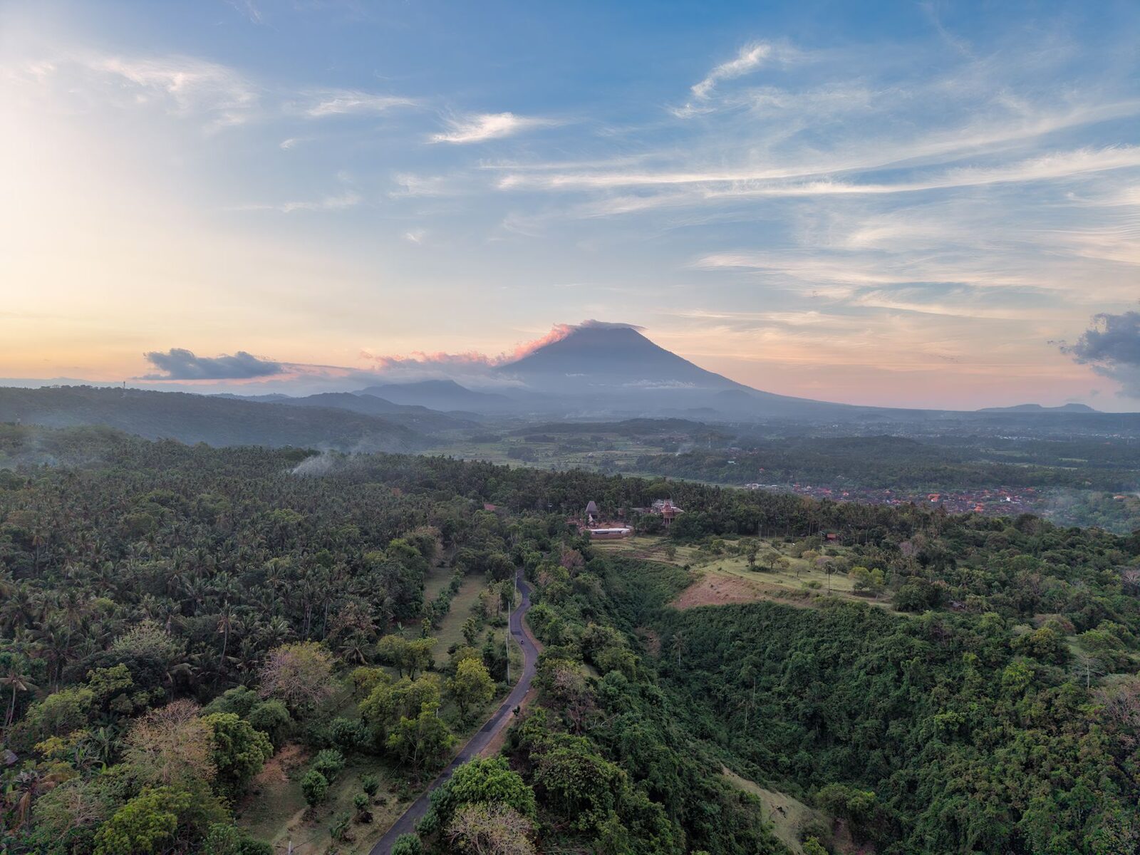 Bali's east from the air, Mount Agung dominating the skyline.