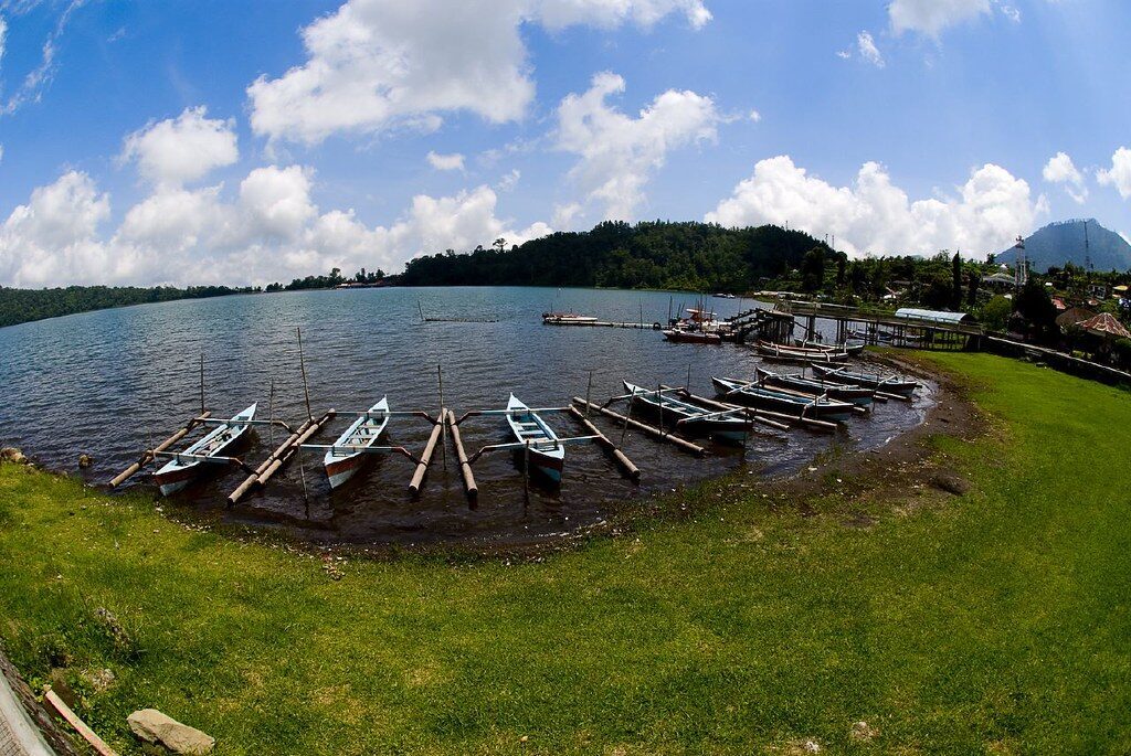 Boats drawn up on a Bedugul crater lake — the highland lakes you pass on the way over.
