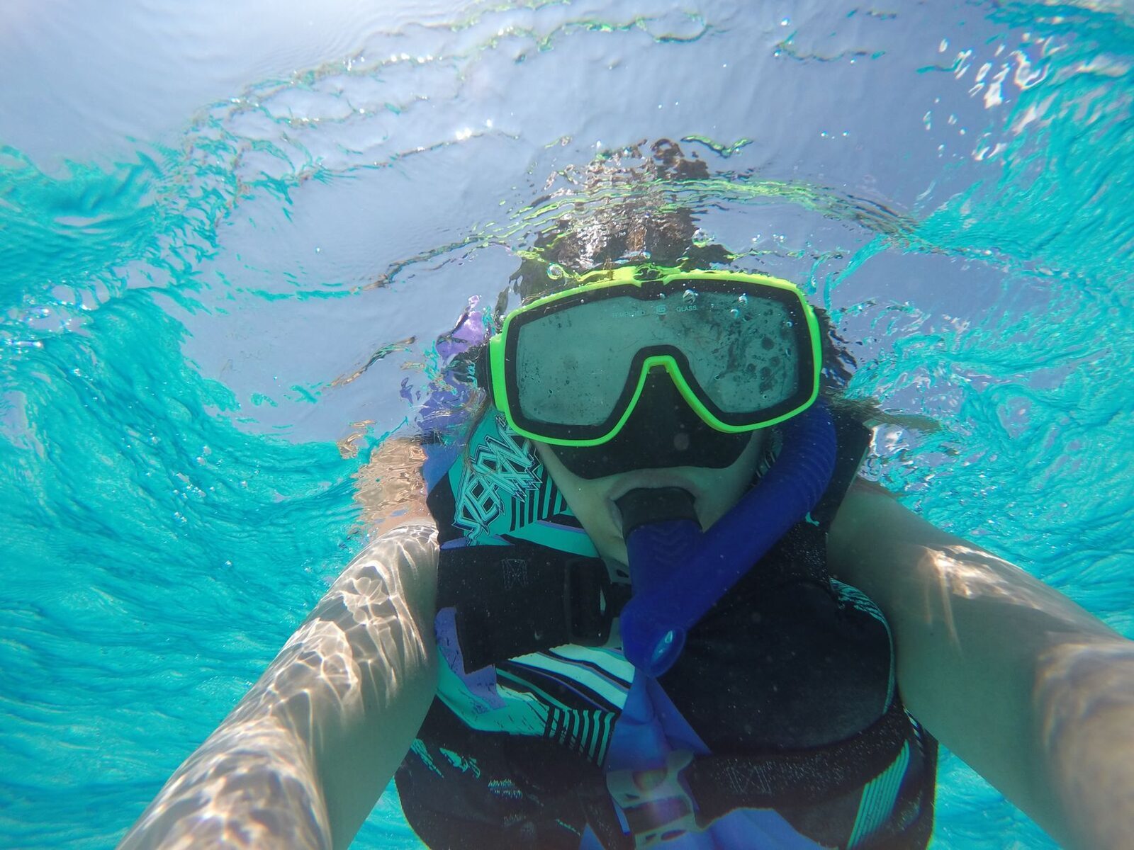 The reef starts in waist-deep water — easy, calm snorkelling.