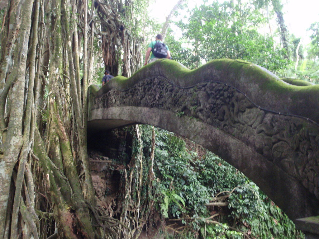 A carved stone arch bridge spanning the forest ravine.