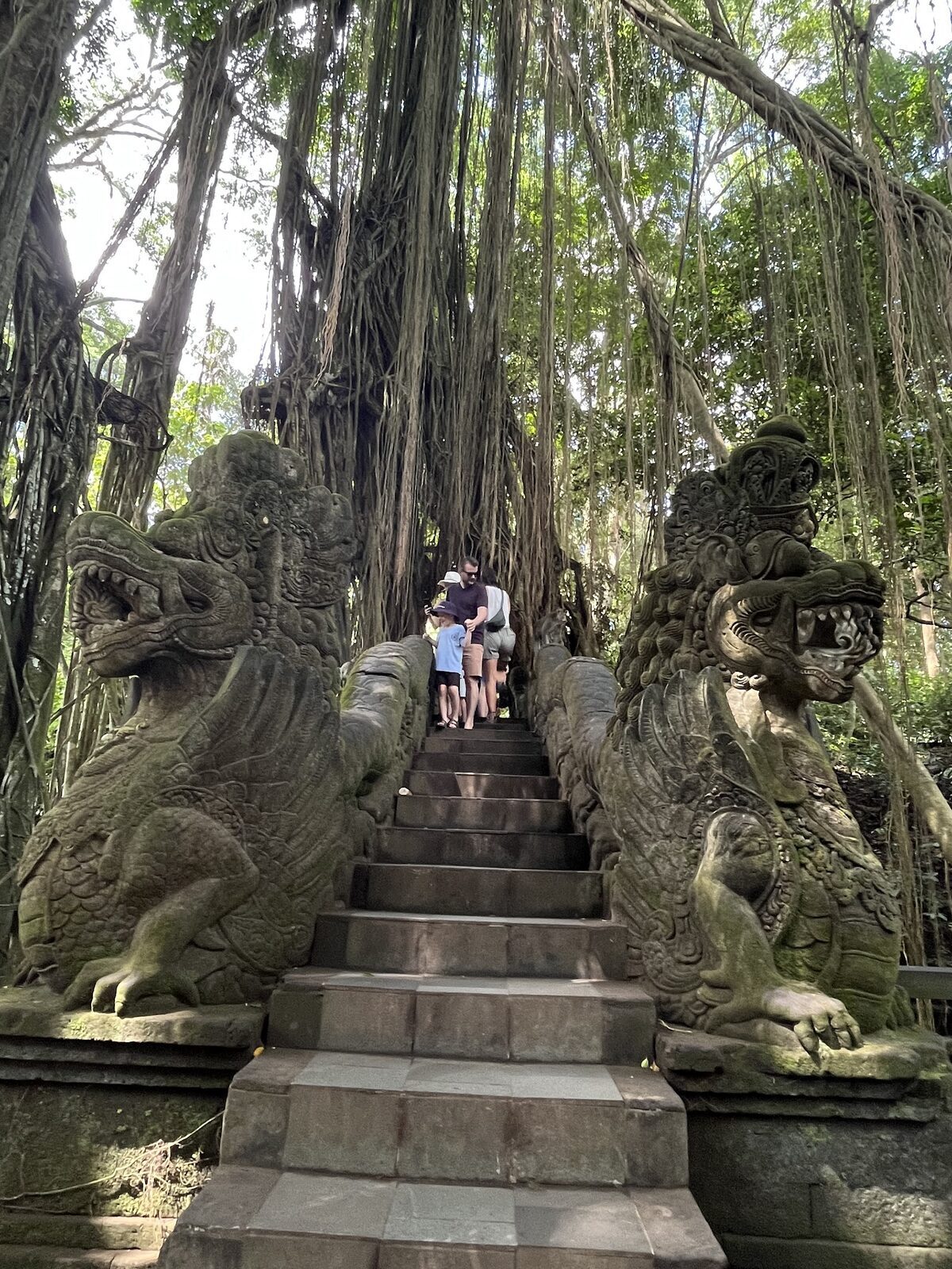 A split gate and its guardian statues at the top of a mossy stairway.