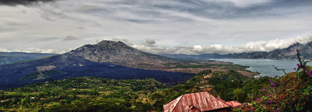 Batur rising over its caldera lake, seen from the Kintamani viewpoint.
