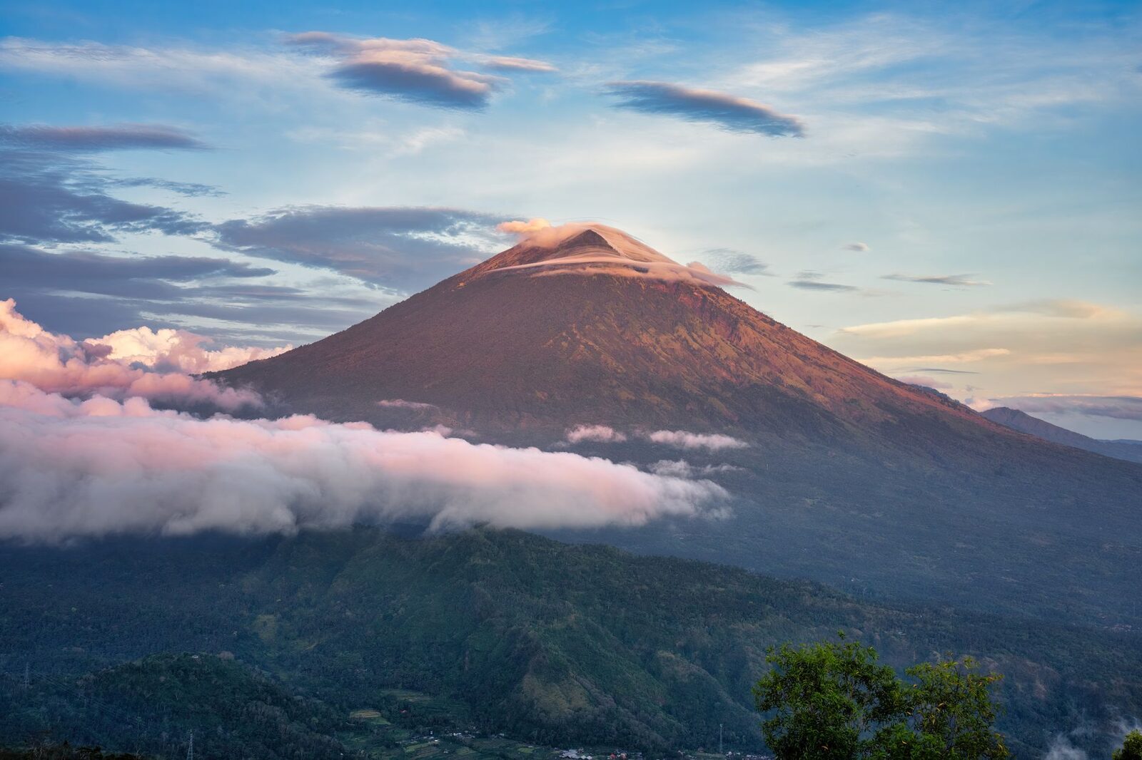 Daybreak on the cone, forest and cloud far below.