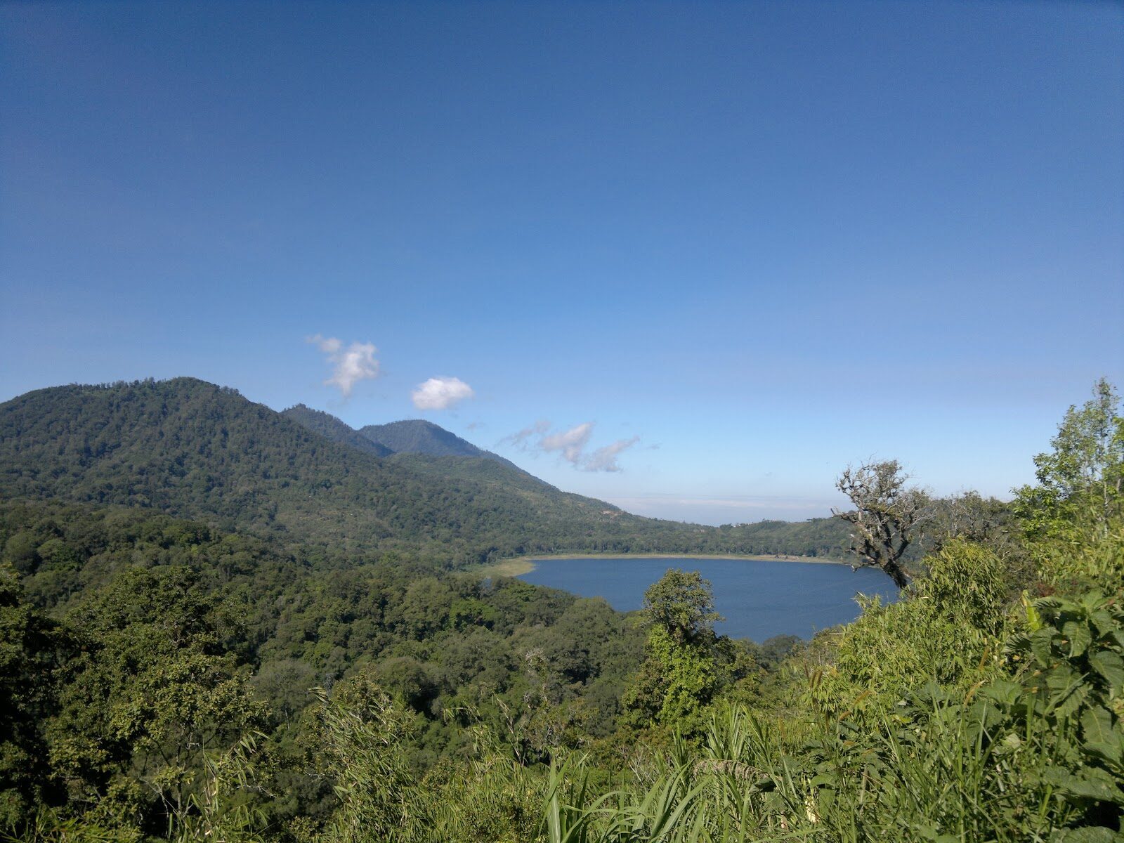 One of the twin crater lakes seen from the forested ridge — the postcard view is free, from the main road.