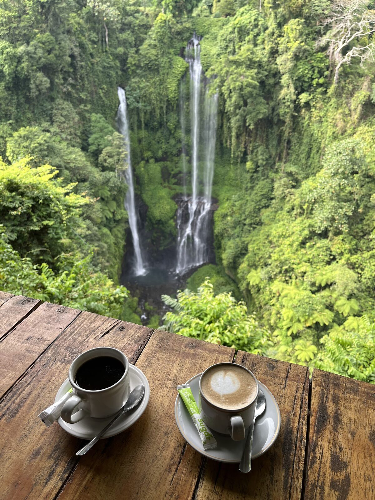 Coffee on a wooden rail with a waterfall beyond — Munduk is cool coffee-and-clove country, ridge walks and mist. (A Munduk-area view.)