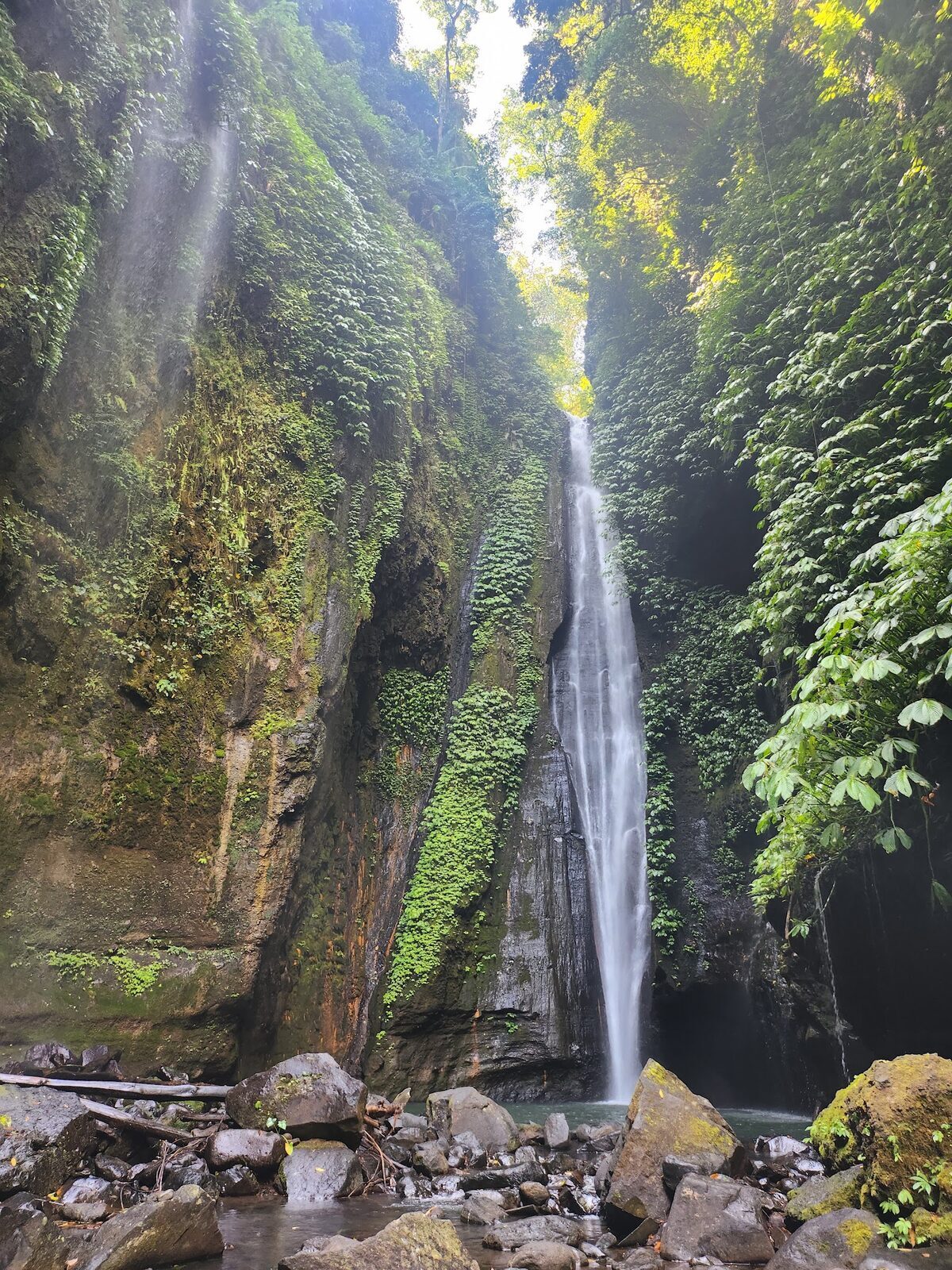 Water threading mossy rock and jungle — the walk-in feel of the smaller north-Bali falls. (Generic north-Bali waterfall.)