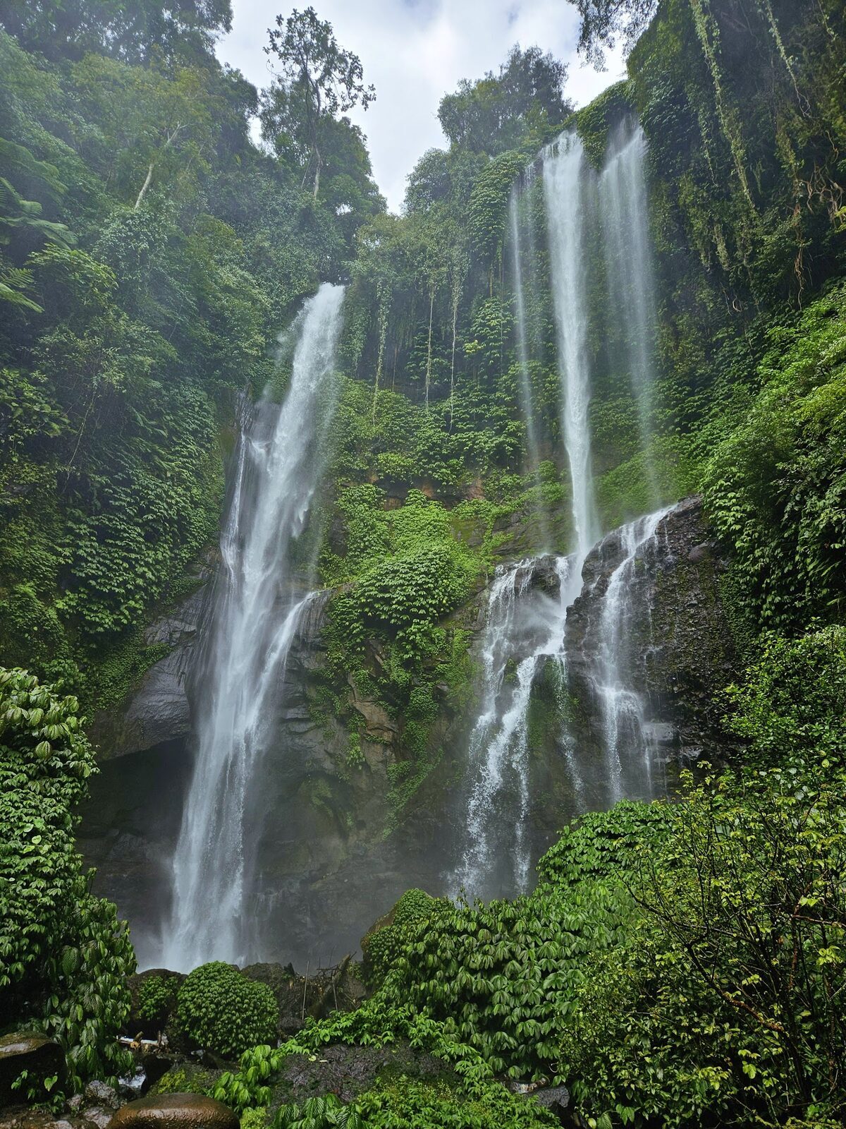 A fan of tall cascades in a jungle gorge — the Sekumpul-style falls that make the north's interior the island's greenest. (A north-Bali jungle waterfall.)