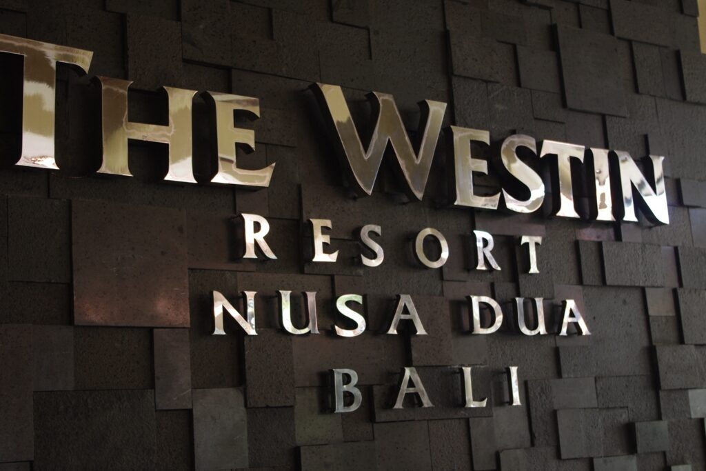 One of the branded resorts that fill the strip — signage and all.