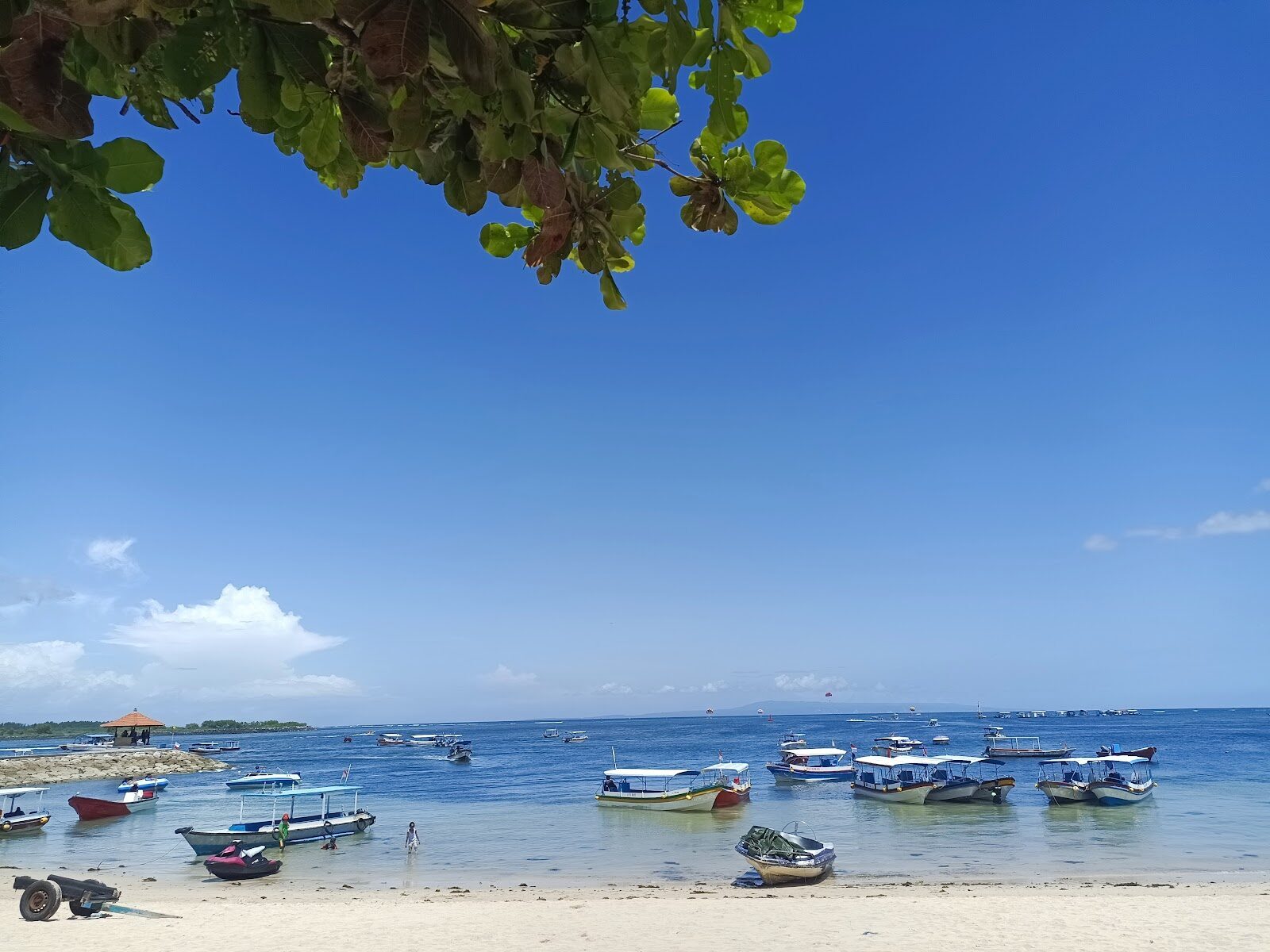 The Tanjung Benoa beachfront, boats drawn up ready for the day's activities.
