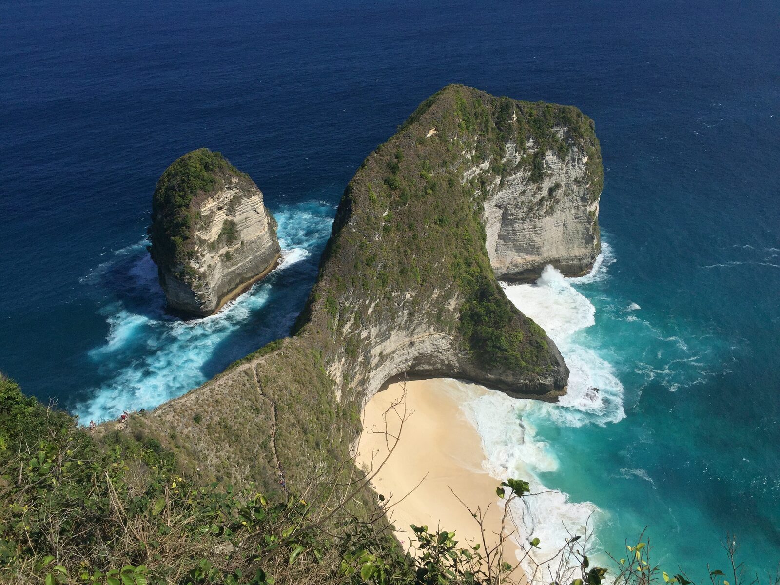 Kelingking Beach — the T-rex-shaped headland and its thread of white sand, the icon of the whole Nusa group and the reason Penida gets called world-class.