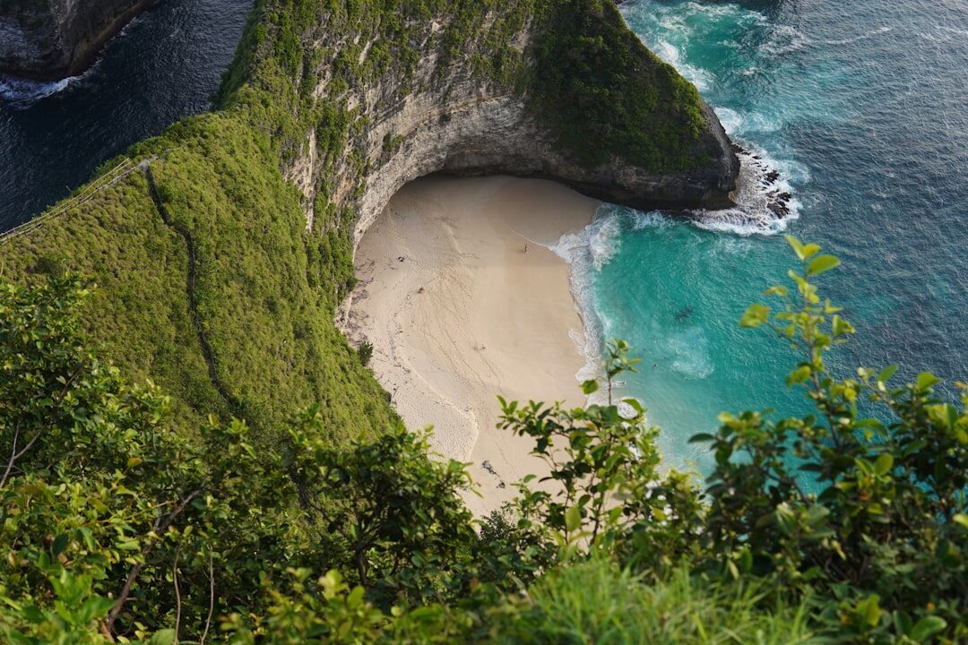 The white-sand beach far below the Kelingking clifftop.
