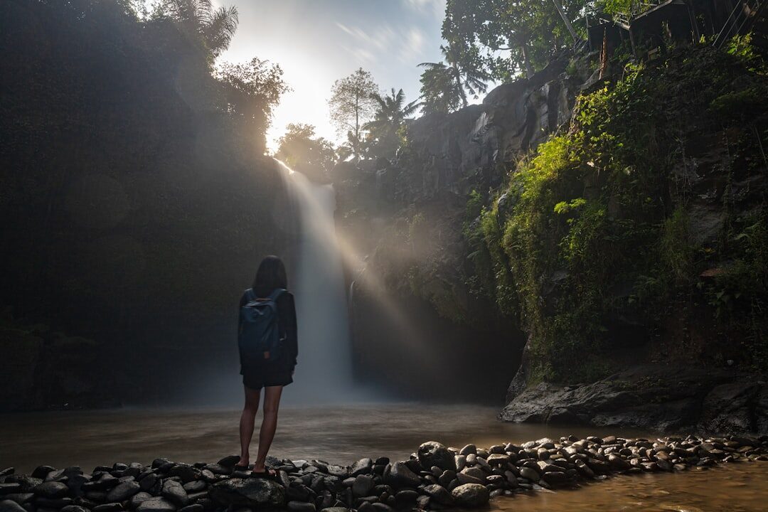 Standing in for scale at the base, where the mist reaches you.