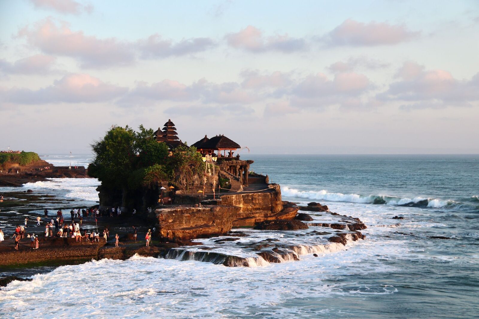 The busy foreshore, temple beyond.