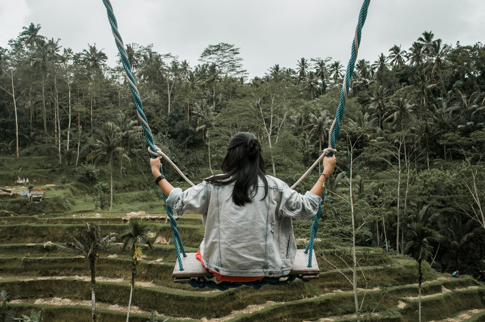 A rider on a rope swing, back to the camera, out over the green valley.