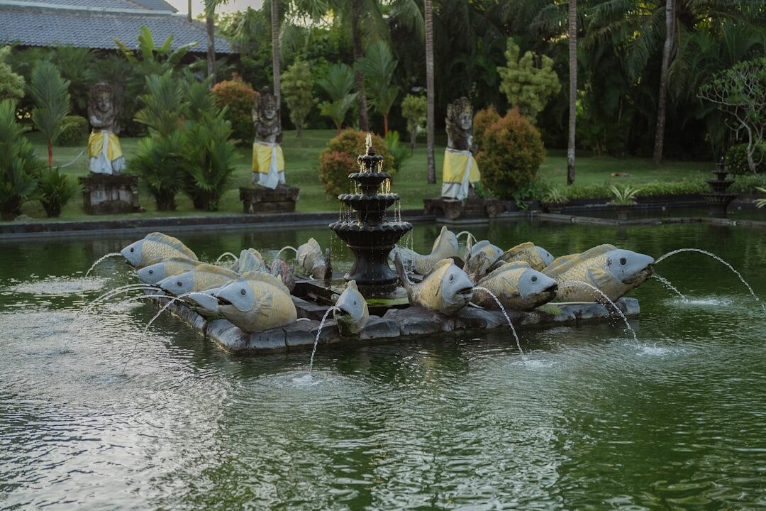 The frog-and-fish spout sculptures jetting water across the lower pond.