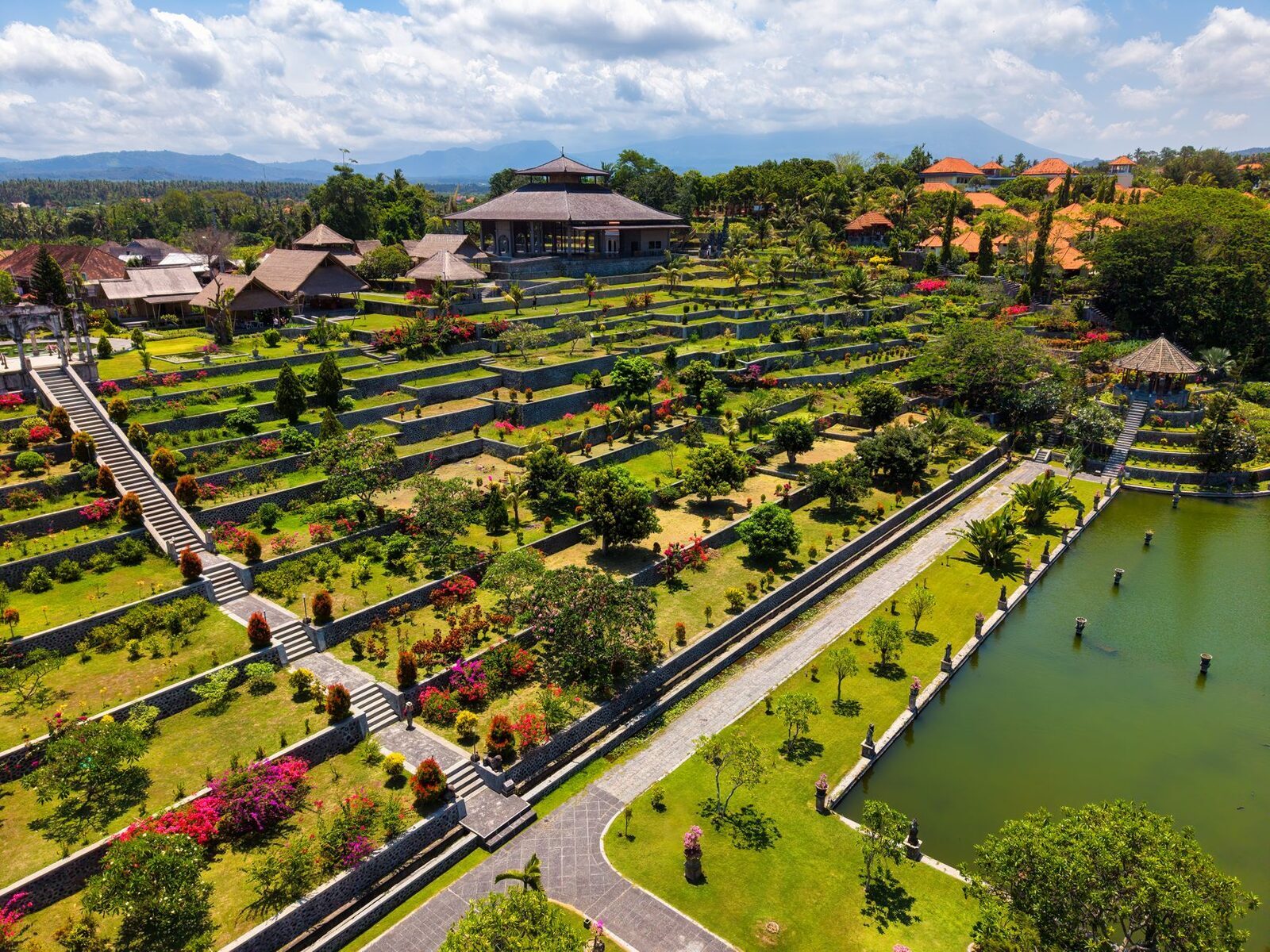 Aerial over the terraces and ponds.