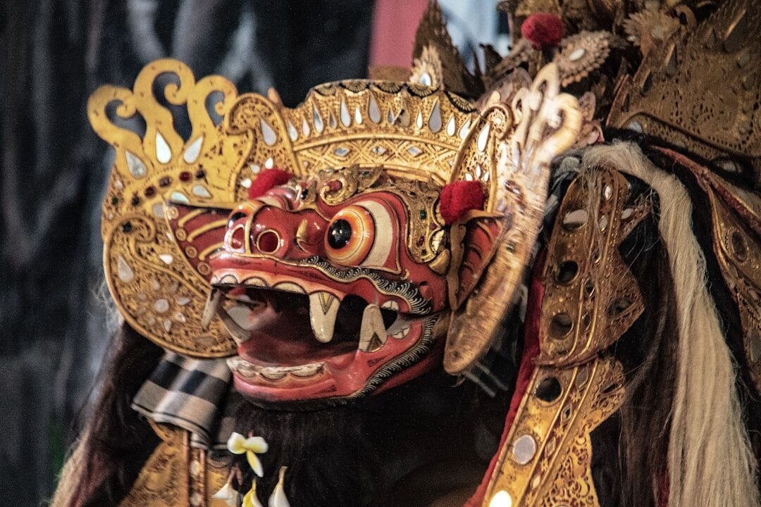 A Barong mask — the lion-like spirit of the Barong dance.