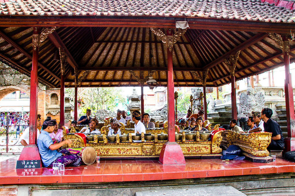 Gamelan musicians on the palace pavilion — the live orchestra behind every dance.