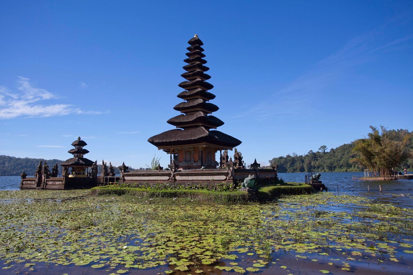 The meru under a rare clear blue sky, lily pads spread across the lake around its base.