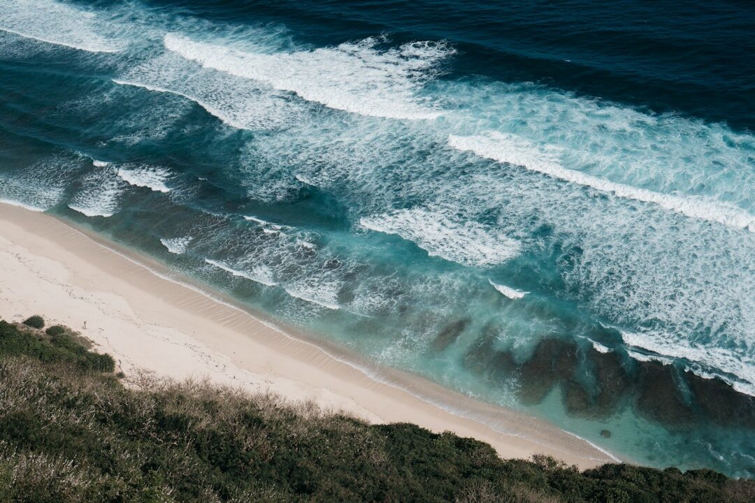 Reef lines peeling onto an all-but-empty white-sand beach, seen from the clifftop.